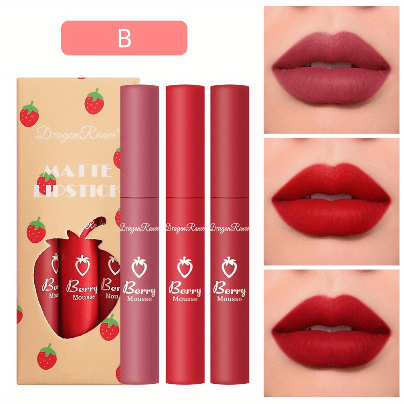 3 Colors Strawberry Berry Matte Lipstick, Softness Velvet Matte Lip Gloss,