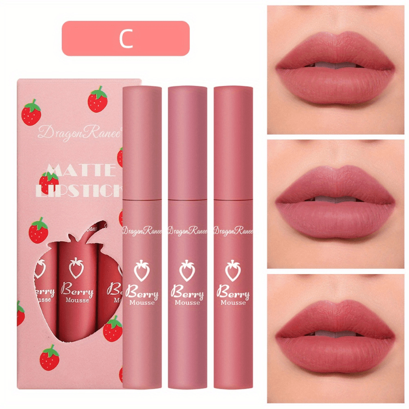 3 Colors Strawberry Berry Matte Lipstick, Softness Velvet Matte Lip Gloss,