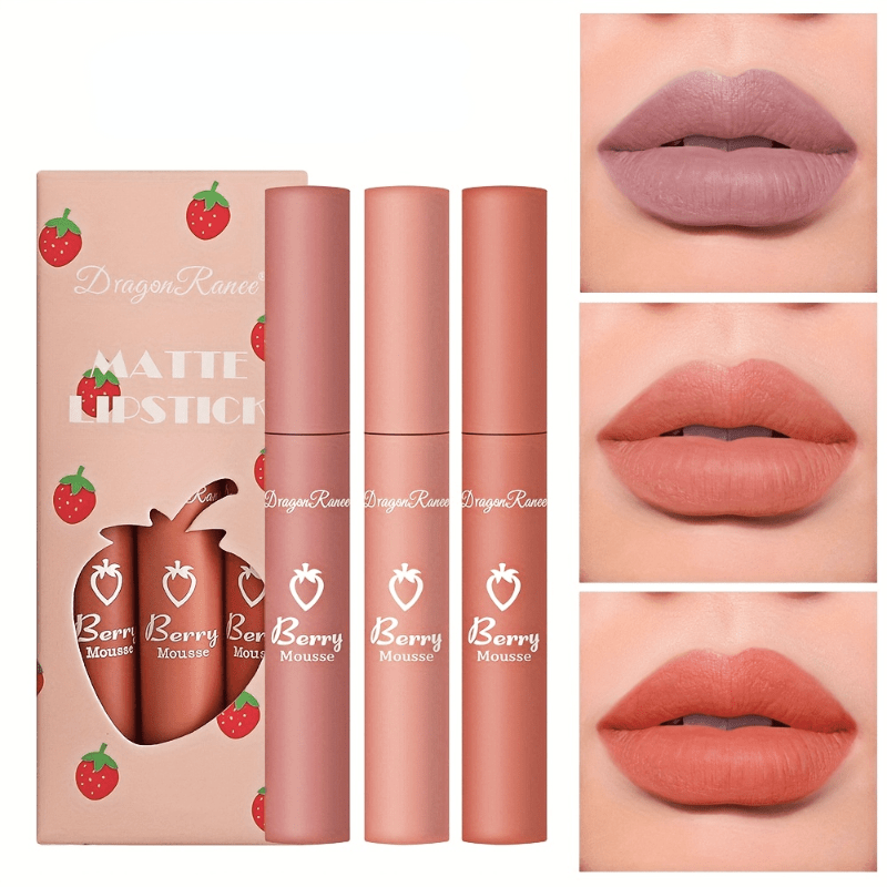 3 Colors Strawberry Berry Matte Lipstick, Softness Velvet Matte Lip Gloss,