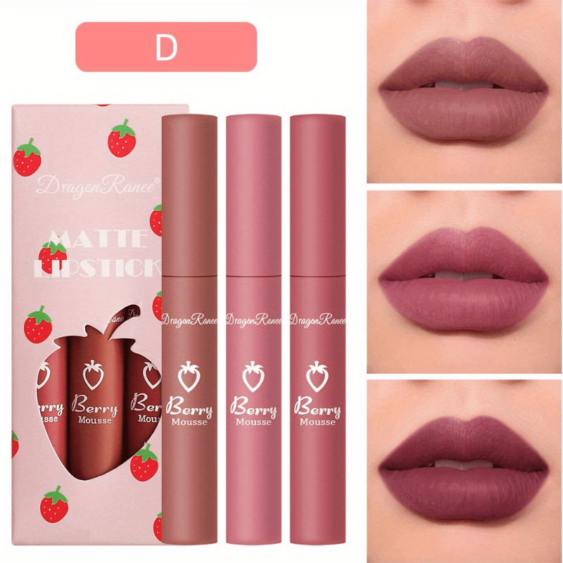 3 Colors Strawberry Berry Matte Lipstick, Softness Velvet Matte Lip Gloss,