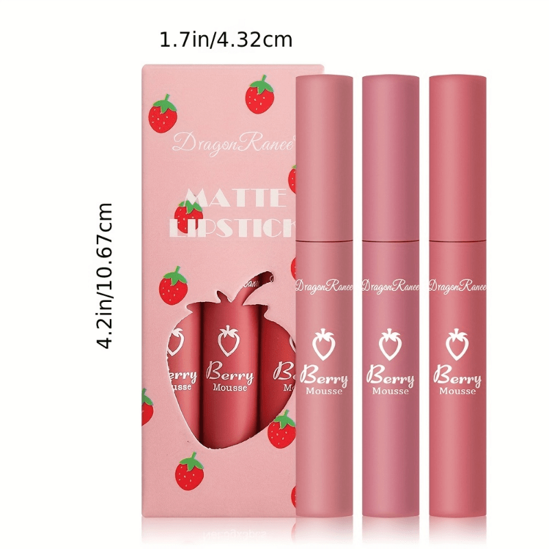 3 Colors Strawberry Berry Matte Lipstick, Softness Velvet Matte Lip Gloss,