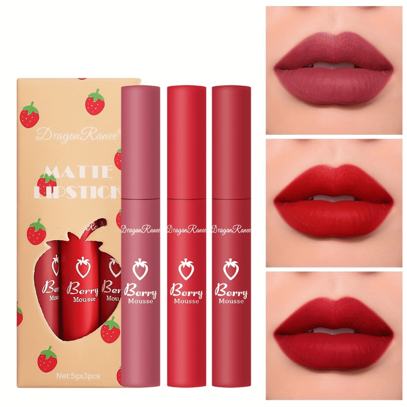 3 Colors Strawberry Berry Matte Lipstick, Softness Velvet Matte Lip Gloss,