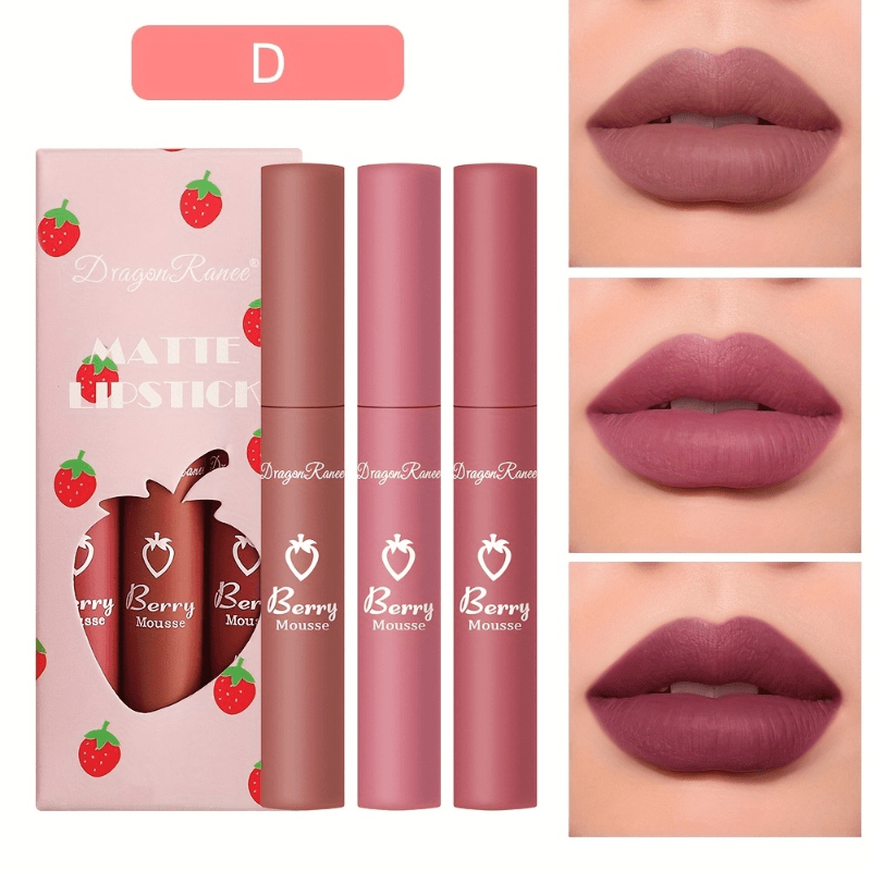 3 Colors Strawberry Berry Matte Lipstick, Softness Velvet Matte Lip Gloss,