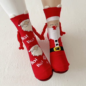 Cute Elk Santa Claus Snowman Hand-holding Socks For Couple