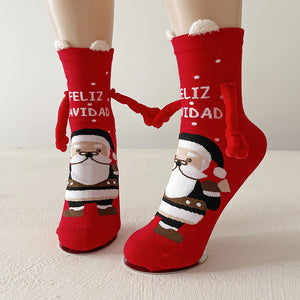 Cute Elk Santa Claus Snowman Hand-holding Socks For Couple