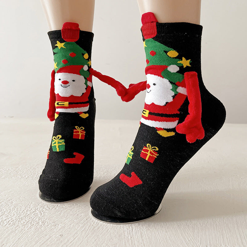 Cute Elk Santa Claus Snowman Hand-holding Socks For Couple