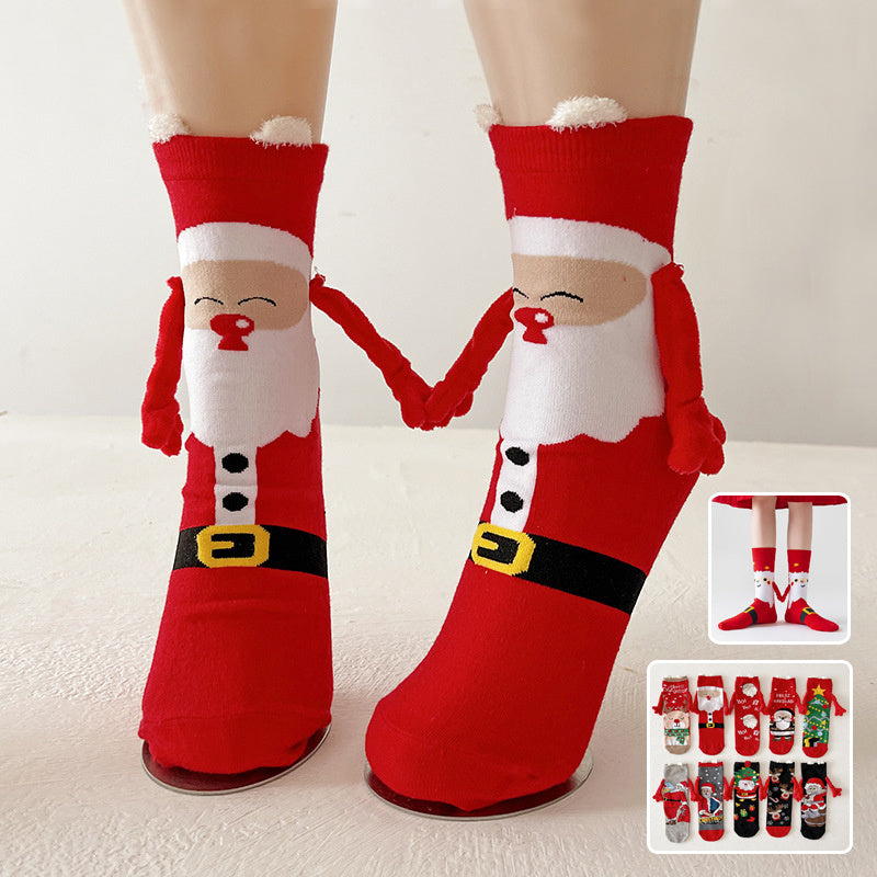 Cute Elk Santa Claus Snowman Hand-holding Socks For Couple