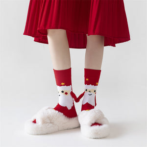 Cute Elk Santa Claus Snowman Hand-holding Socks For Couple