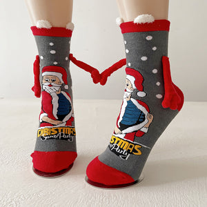 Cute Elk Santa Claus Snowman Hand-holding Socks For Couple