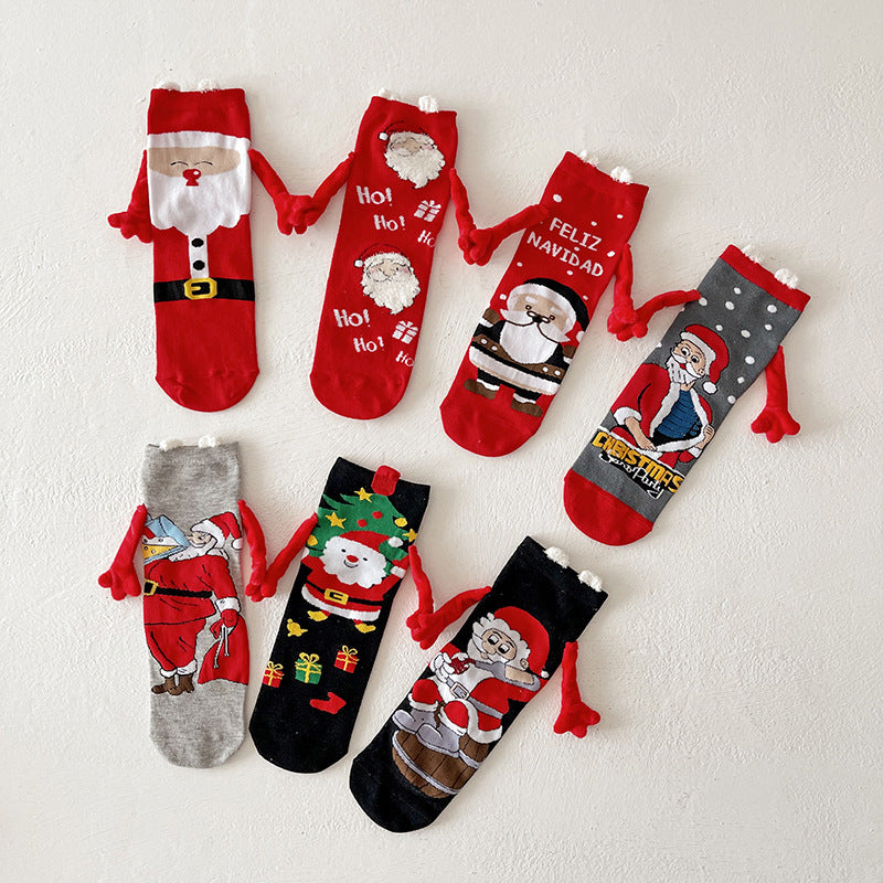 Cute Elk Santa Claus Snowman Hand-holding Socks For Couple