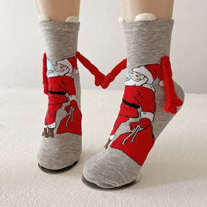 Cute Elk Santa Claus Snowman Hand-holding Socks For Couple