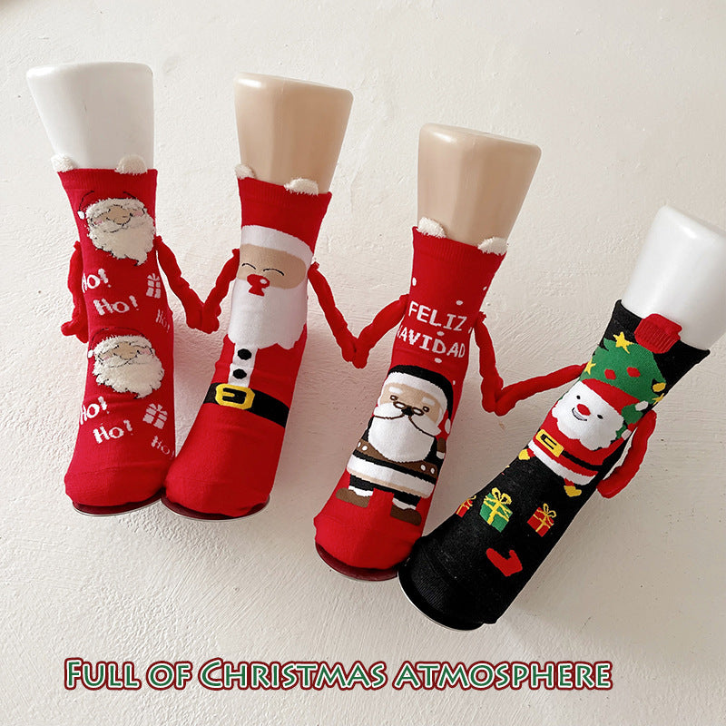 Cute Elk Santa Claus Snowman Hand-holding Socks For Couple