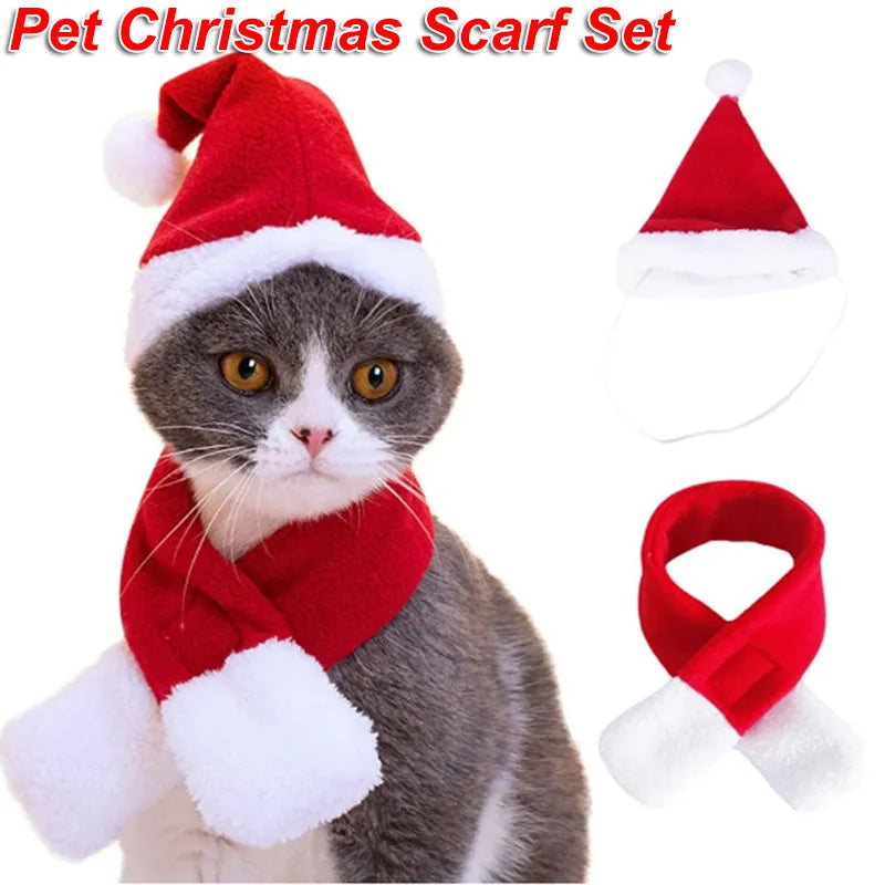 Christmas Cat Hat and Scarf Set Dog Puppy Christmas Clothes Costumes Xmas Santa Pet Costume New Year Santa Red Set