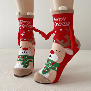 Cute Elk Santa Claus Snowman Hand-holding Socks For Couple